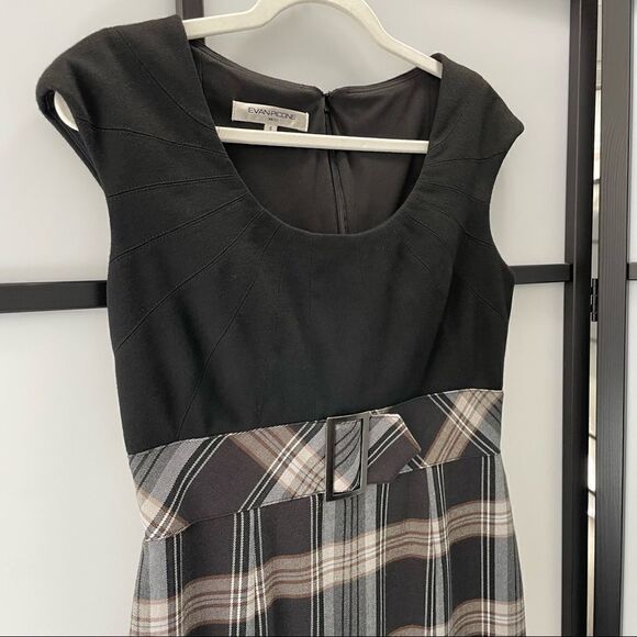 [6] Evan Picone Neutral Tone Plaid Sleeveless Belted Midi Dress Black Tan & Grey - Picture 6 of 16